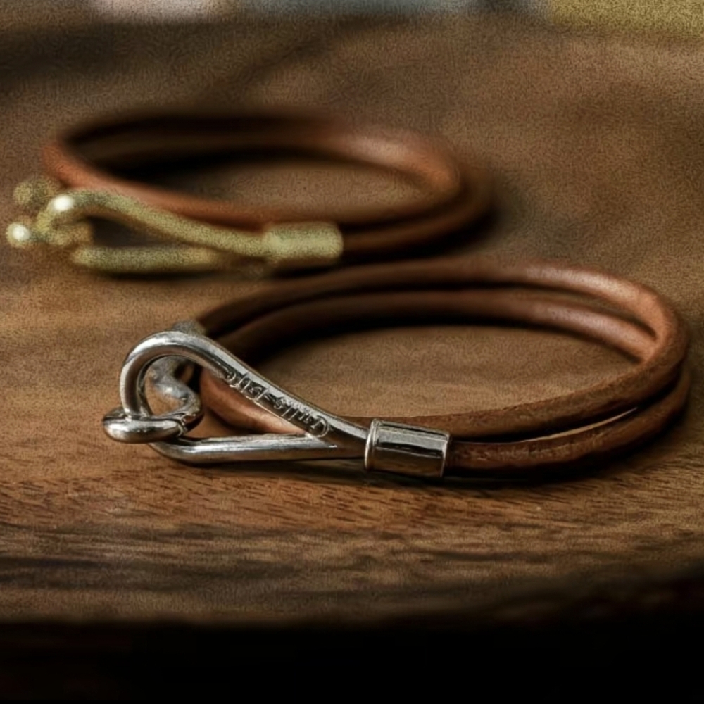 Unisex Silver Choker Hook Necklace/Bracelet Jumbo Brown Leather